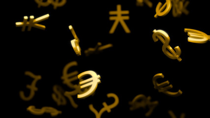 Golden Main Worlds Currency Signs Falling - 3D Illustration