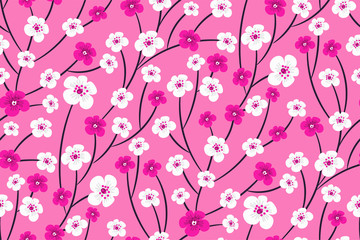 Sakura flowers background. Seamless pattern with Blooming cherry branches on bright pastel pink background. Spring print in hand-drawn style. Japanese traditional design. Seasonal backdrop. Vector.