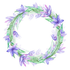 Fototapeta na wymiar Watercolor frame with blue purple flowers.