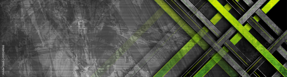 Poster tech green stripes on abstract grey grunge corporate header banner. vector geometric background
