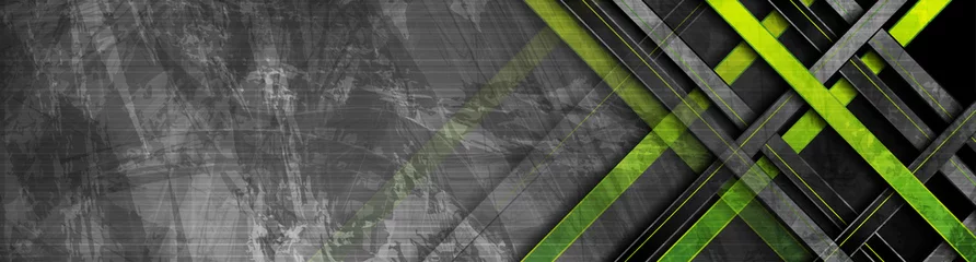 Foto op Plexiglas Tech green stripes on abstract grey grunge corporate header banner. Vector geometric background © saicle