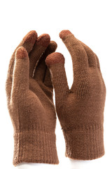 wool knitted gloves brown on white background, touch gloves for smartphones