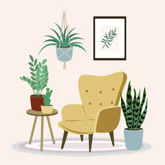 Cozy home interior with house plants, coffee table, comfort armchair and home decorations. Comfortable interior in decorated in Scandinavian style. Flat vector.