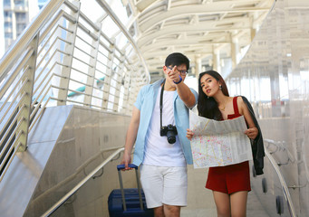 Couple love on summer vacation travel. Man and Woman walking on city romantic honeymoon, couple lover on travel concept.