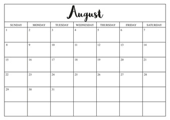 Year 2020 August planner, monthly planner calendar for August 2020 on white background..