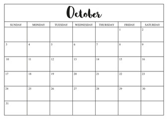 Year 2020 October planner, monthly planner calendar for October 2020 on white background.