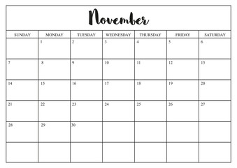 Year 2020 November  planner, monthly planner calendar for November  2020 on white background.