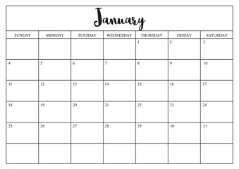 Year 2020 January planner, monthly planner calendar for January 2020 on white background.