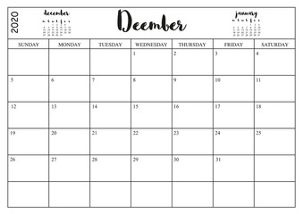 Year 2020 December planner, monthly planner calendar for December 2020 on white background..