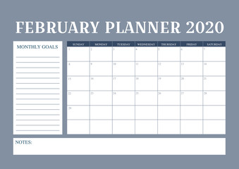 Year 2020 February planner, monthly planner calendar for  February 2020 , trendy colour palette.