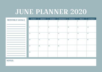 Year 2020 June planner, monthly planner calendar for June 2020 , trendy colour palette.