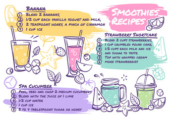 Smoothie recipes. Fruit cocktails with smoothie ingredients, vegetables and herbs, tasty organic detox drink healthy nutrition vector menu