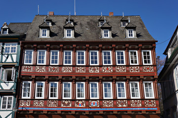 Decorated facade of medieval house in Goslar, Germany.