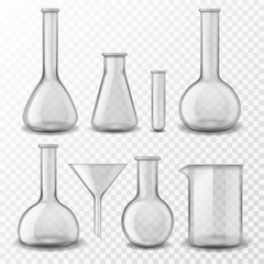 Chemical glass equipment. Laboratory glassware empty test tubes beaker and flask, medical lab experiment instruments 3d realistic vector set