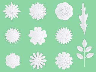 Paper flowers. White paper origami flowers creative composition bouquet, sakura petals. Ornament handmade, wedding floral vector set