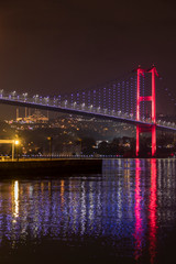 Fototapeta na wymiar Istanbul, Turkey The Ortaköy Mosque under the Bosphorus Bridge, known officially as the 15 July Martyrs Bridge and unofficially as the First Bridge