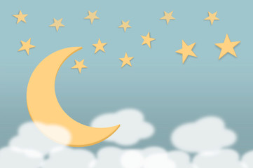 3d illustration. Sweet softness lullaby color moon, twinkle star and clouds background for bedtime...