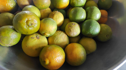 Group of Oranges and sweet lemon in a container 