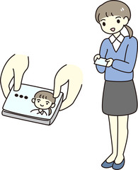 名刺　交換　女性　ビジネス マナー　作法　制服　スカート　さわやか