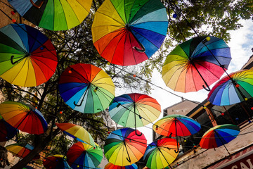 Fototapeta na wymiar Istanbul, Turkey Coloured umbrellas in the Galata neighbourhood.