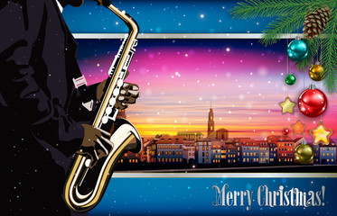 Christmas pink blue illustration with saxophone player on cityscape of Heidelberg background