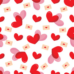 Bright seamless pattern with red and pink hearts.