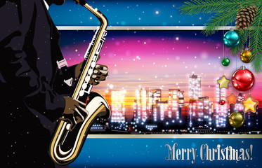 Fototapeta na wymiar Christmas pink blue illustration with saxophone player on cityscape of Vancouver background