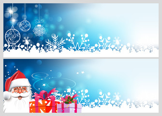 Merry Christmas and Happy New Year, greeting cards, banners for Your design. Two templates in cartoon style. Happy Santa Claus on a blue background. For design cards, posters, gift. Vector graphic.