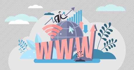 Internet growth vector illustration. Tiny www development persons concept.