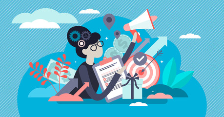 Event management vector illustration. Tiny planning process person concept.