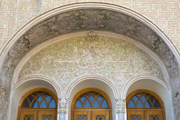   0138 Renovated entrance door arch of Masoudieh historic mansion from Qajar dynasty, built in 1879, Tehran, Iran