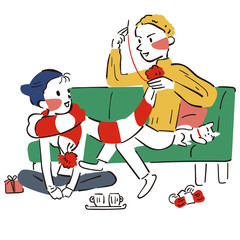 プレゼントを贈り合うカップル　イラスト