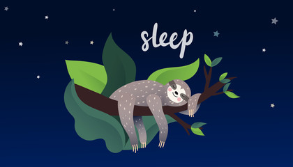 Cute lazy sloth sleeping on a branch of the tropical tree in the night. Sleep type lettering. Vector calligraphy. Cartoon style, vector illustration. Slow down quote lettering. © Asya