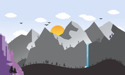 beautiful landscape background with mountain,sun,tree,bird and etc