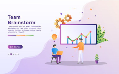 Illustration concept of Team brainstorm. Business team work, the team discuss to solve problems, find solutions for business. Flat design for landing page, banner, web, template, marketing.