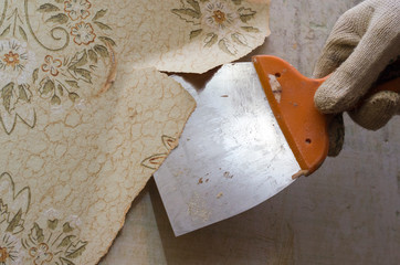 Preparing the wall for painting or sticking new wallpaper. Man in gloves with a scraper in the...