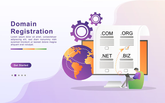 Vector illustration of registration & domain name concept with "domain" web and website hosting icon. Flat design for landing page, banner, web, template, marketing.