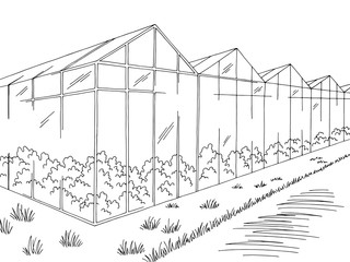 Greenhouse graphic black white landscape sketch illustration vector