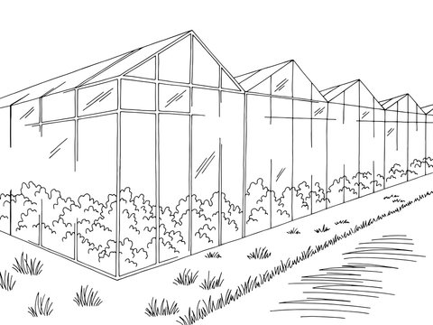 Greenhouse graphic black white landscape sketch illustration vector