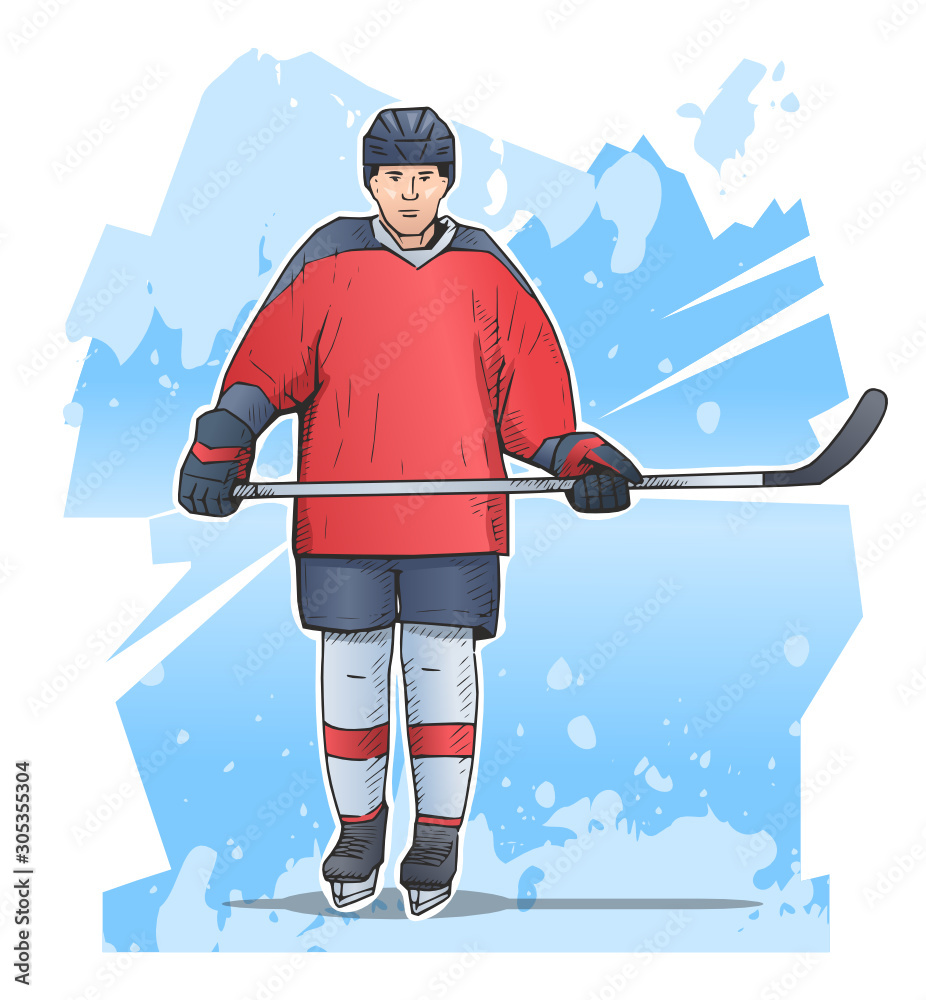 Wall mural vector illustration of ice hockey player standing with stick. winter sports poster on abstract backg