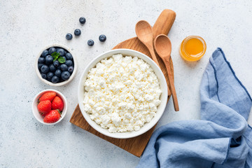 Cottage Cheese In Bowl. Homemade Curd Cheese Served With Fresh Berries Blueberry Strawberry And...