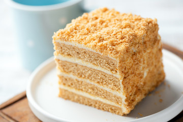 Layered honey cake slice in square shape on a plate. Closeup view. Tasty delicious cake with pastry cream and honey biscuit layers
