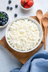 Curd cheese, Cottage cheese, Tvorog or Ricotta in bowl served with fresh berries. Table top view. Fermented dairy product rich in Protein, healthy fats and Caclium