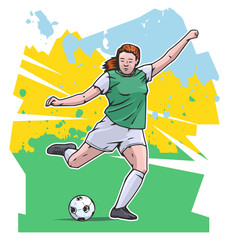 Vector illustration of female football or soccer player kicking the ball. Football sport poster on abstract background