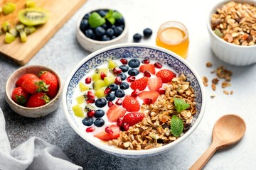 Smoothie Bowl Of Fruits Berries With Granola. Healthy Breakfast Bowl, Natural Organic Vegan Vegetarian Food