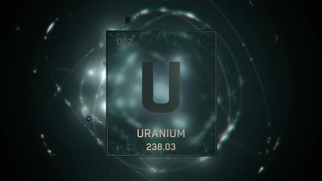 Uranium as Element 92 of the Periodic Table. Seamlessly looping 3D animation on green illuminated atom design background with orbiting electrons. Design shows name, atomic weight and element number