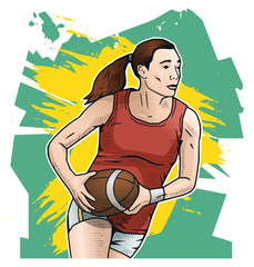 Vector illustration of female rugby player running with ball. Touch rugby sport themed poster on abstract background