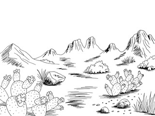 Desert graphic black white Wild West landscape sketch illustration vector