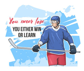 Motivational ice hockey sport poster. Vector illustration of a hockey player on abstract background