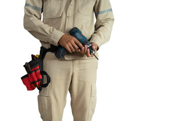 Close-up Electrician uniform with tool belt isolated on white background